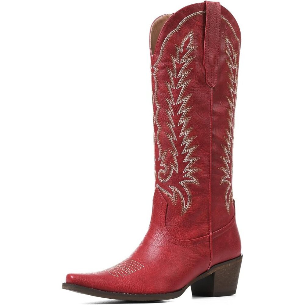 Women's Red Embroidered Western Knee High Boots Pointed Toe Chunky Heel